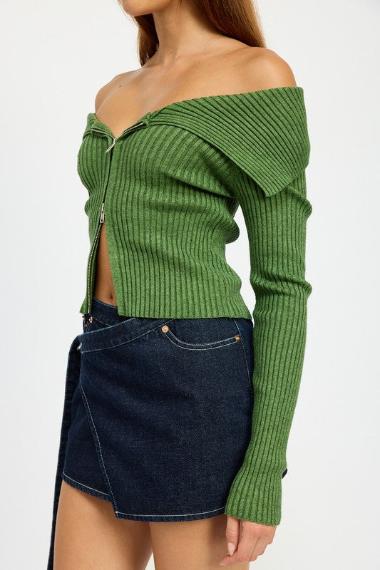 Zip Front Off Shoulder Top