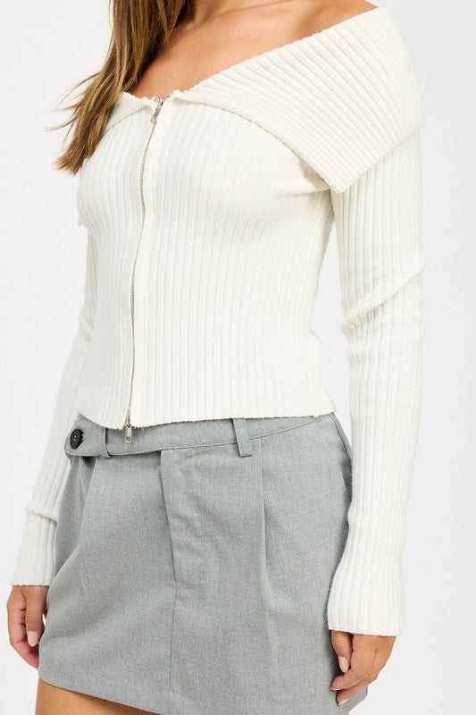 Zip Front Off Shoulder Top