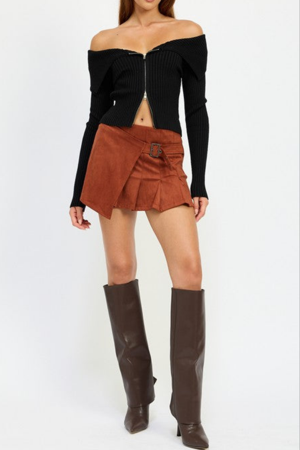 Zip Front Off Shoulder Top