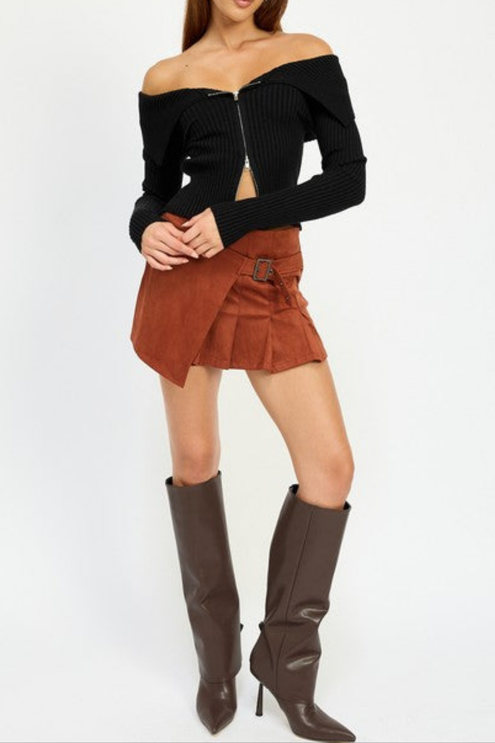 Zip Front Off Shoulder Top