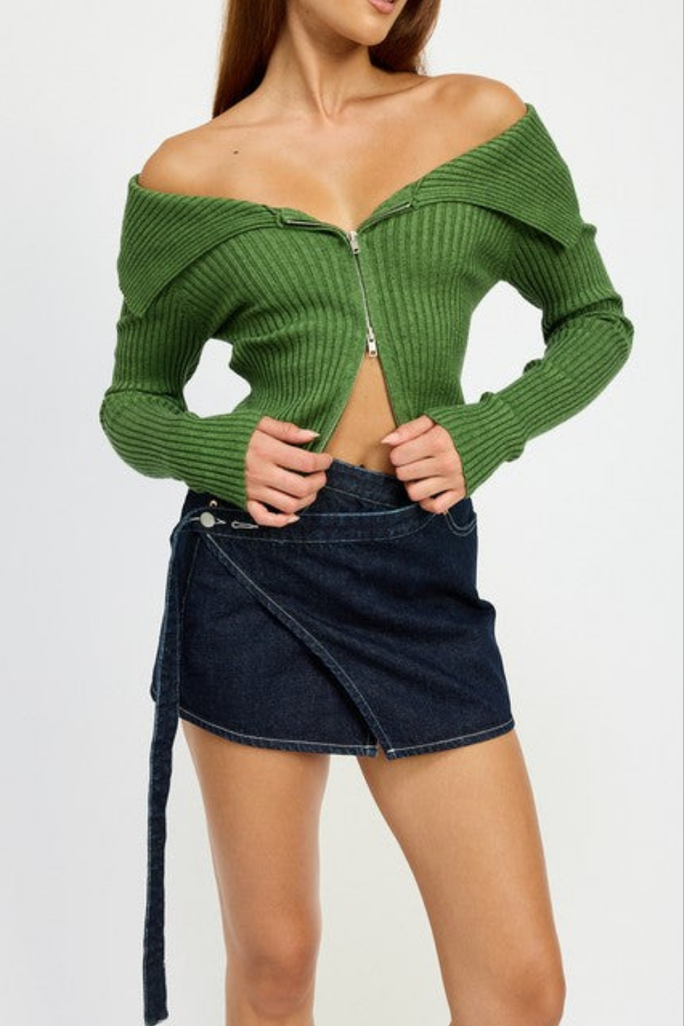 Zip Front Off Shoulder Top