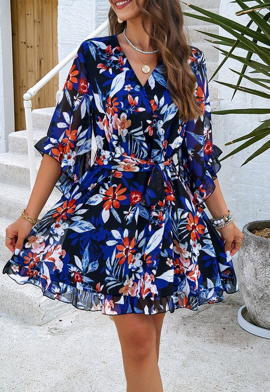 Womens V Neck Ruffle Mini Short Swing Dresses