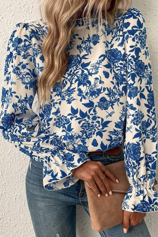 Floral Print Flounce Sleeve Keyhole Back Blouse