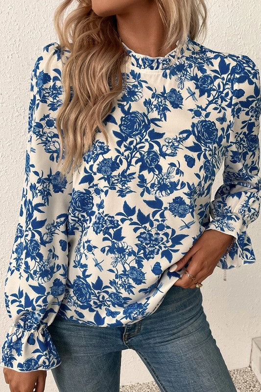 Floral Print Flounce Sleeve Keyhole Back Blouse