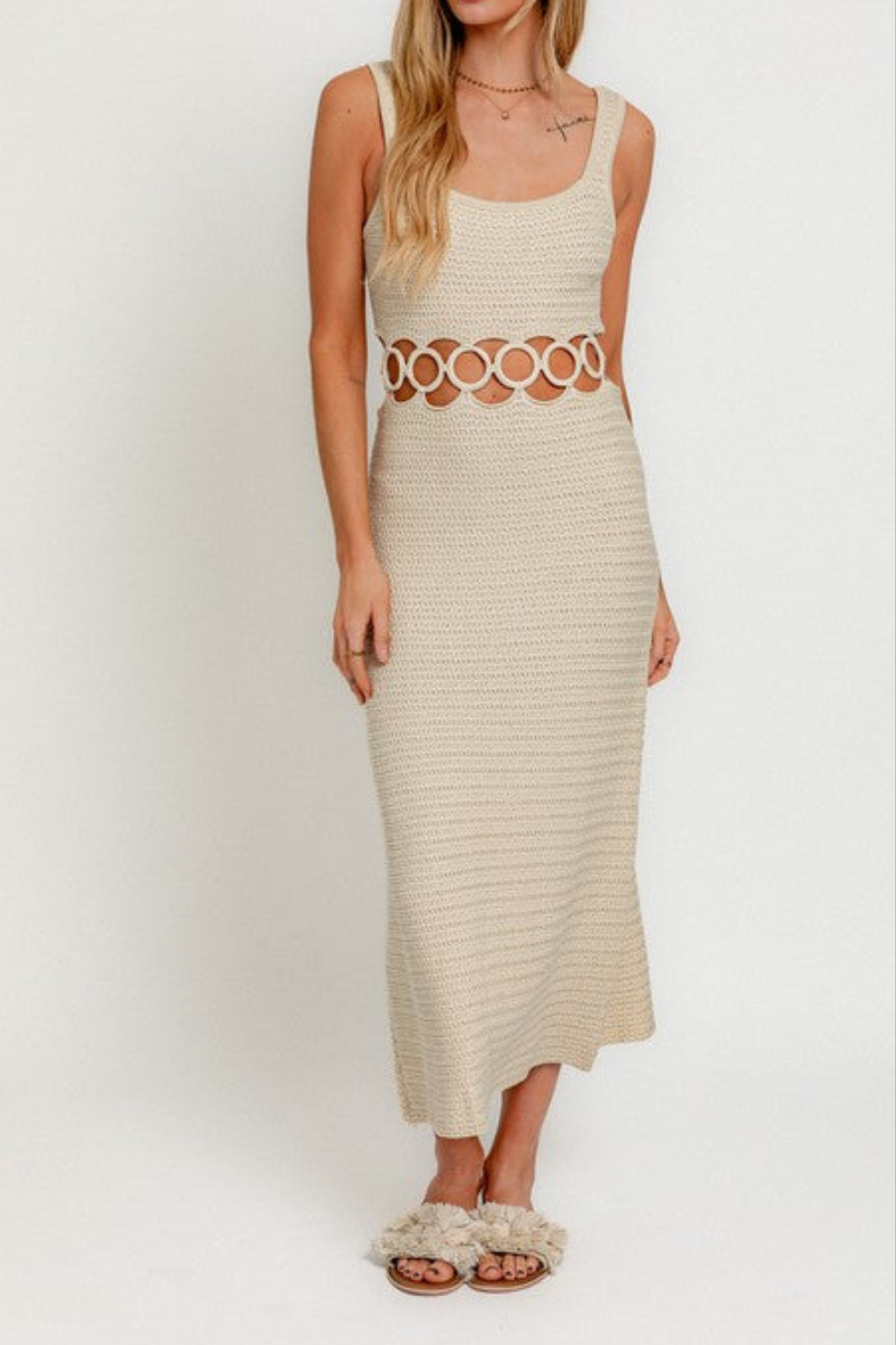 Square Neck Sleeveless Crochet Midi Dress