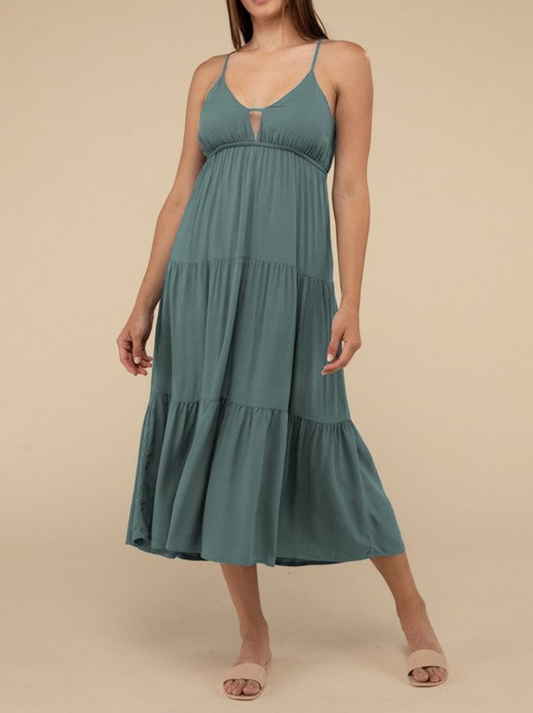 Woven Sweetheart Neckline Tiered Cami Midi Dress