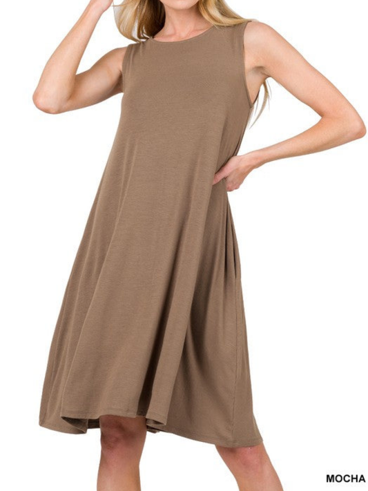 Sleeveless Flared Dress with Side Pockets