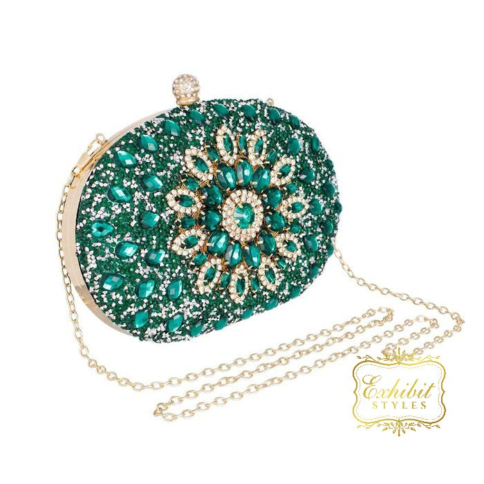 Green Crystal Oval Clutch Handbag