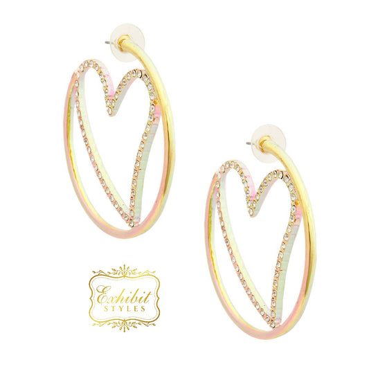 Rhinestone Pink Heart Hoop Earrings